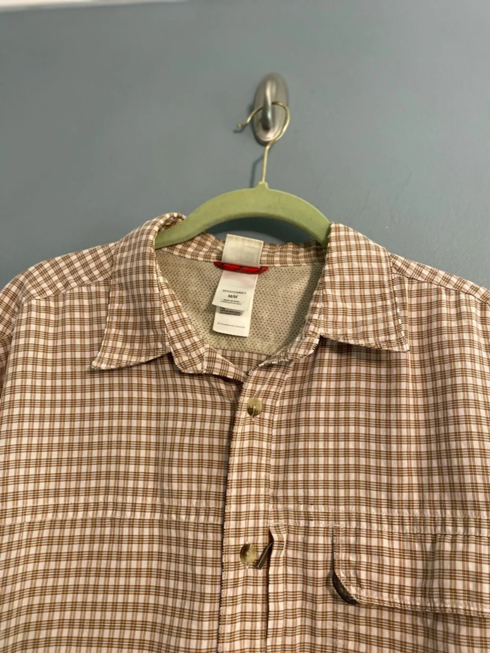 North Face Short Sleeve Button-Up Shirt Brown Check Front Zip Pocket Sz Medium